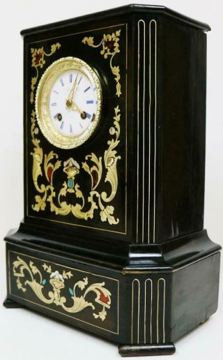 Antique French Empire Mantel Clock 8 Day Enamel & Brass Inlaid Boulle Ebony Case 5
