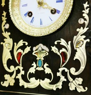 Antique French Empire Mantel Clock 8 Day Enamel & Brass Inlaid Boulle Ebony Case 7