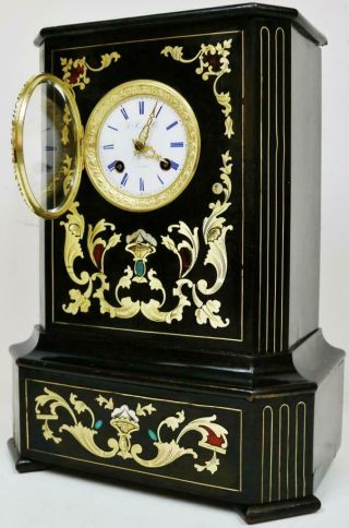 Antique French Empire Mantel Clock 8 Day Enamel & Brass Inlaid Boulle Ebony Case 8