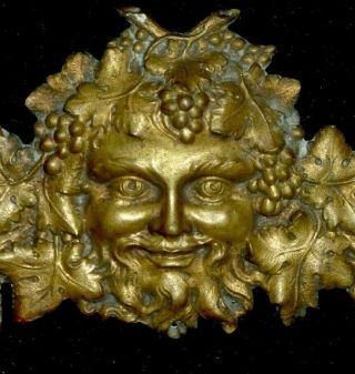 French Gilded Brass/ Bronze Decor Furniture Mount,  Pediment Bacchus,  Faun Face