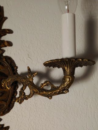 Antique Vintage Pair Cast Brass Sconces 2 - Arm Spanish Revival 4