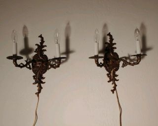 Antique Vintage Pair Cast Brass Sconces 2 - Arm Spanish Revival 7