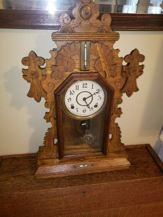 Ingraham Oak Parlor Clock - 8 Day Key Wind Pendulum Level/temperature Gauges