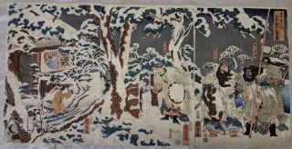 19th Century Utagawa Kuniyoshi Japanese Woodblock Print Winter Triptych