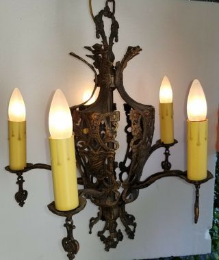 Antique Chandelier Tudor Gothic Medieval Spanish Revival 5 Light 1920 