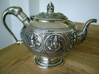 Antique Raj Era Anglo Indian Solid Silver Teapot Swami Madras Hindu Diety 484g