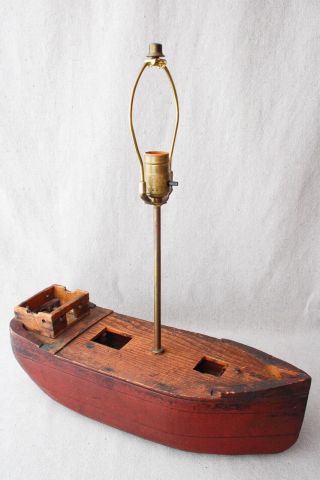 Antique Red Primitive Folk Art Wood Toy Ship Model Nautical Boat Barge Lamp 21 "