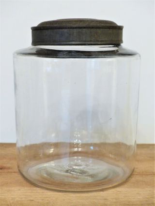 Antique Old Store Tin Lid Apothecary 6.  75 " Tall Pantry Glass Storage Jar