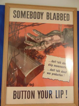 Antique World War Ii Poster Framed Someone Blabbed Button Your Lip Albert Dorne