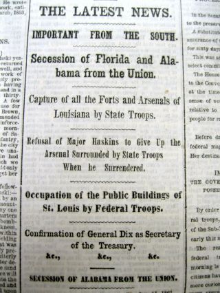 1861 Civil War Newspaper Florida & Alabama Secede From Union Join Confederacy