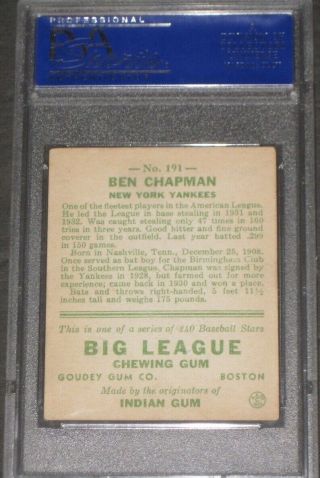 1933 Goudey BEN CHAPMAN Baseball Card 191 PSA 5 EX York Yankees 3