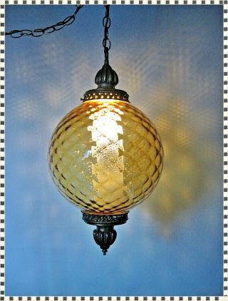 Vintage Mid Century Modern Op Art Pale Amber Quilt Glass Hanging Swag Lamp Light