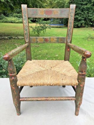 Antique Primitive Wood Hand Painted Norweigan Rosemaling Child Size Chair Aafa