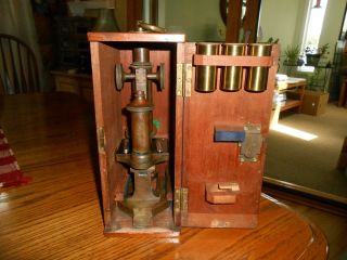 Antique R & J Beck London Brass Microscope Williams Brown & Earle Lens Box Key