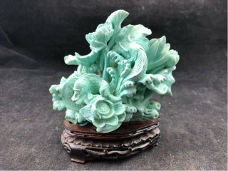 Vintage Chinese Carved Turquoise Figure Hubei 4 3/4 " Tall Fish And Lilly Pads