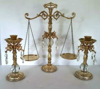 Vtg Brass Chandelier Prism Apothecary Balance Scales Of Justice Candleticks Gold