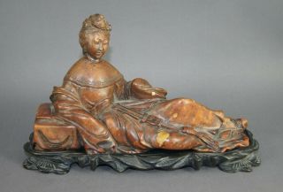 Fine Old Antique Chinese Carved Soapstone Reclining Guanyin Figure Statue &stand