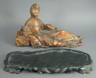 FINE OLD ANTIQUE CHINESE CARVED SOAPSTONE RECLINING GUANYIN FIGURE STATUE &STAND 8
