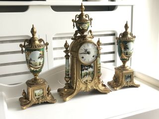 Vintage Imperial Clock With Matching Garniture - Made In Italy - Green - Brass