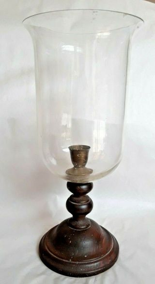 Antique 19th C Wood & Brass Candle Holder W/ Blown Glass Hurricane Shade 15 "