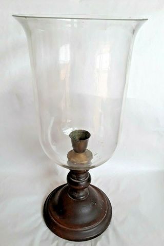 Antique 19th C Wood & Brass Candle Holder w/ Blown Glass Hurricane Shade 15 