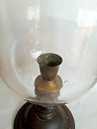 Antique 19th C Wood & Brass Candle Holder w/ Blown Glass Hurricane Shade 15 