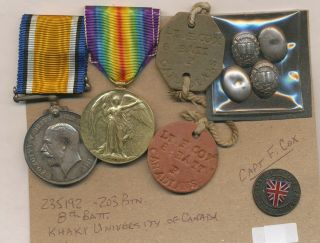 Canada - Wwi Pair Dog Tags & Cuff Links To Lieut & Capt.  F.  Cox - 8th Res (f122)