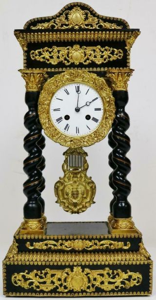 Rare Antique French 8 Day Elaborate Brass Mounted Ebonised Portico Mantel Clock
