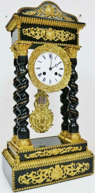Rare Antique French 8 Day Elaborate Brass Mounted Ebonised Portico Mantel Clock 2
