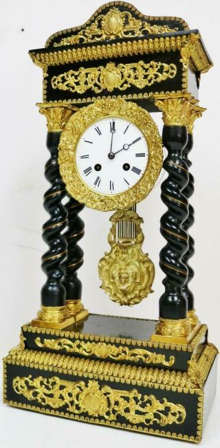 Rare Antique French 8 Day Elaborate Brass Mounted Ebonised Portico Mantel Clock 3