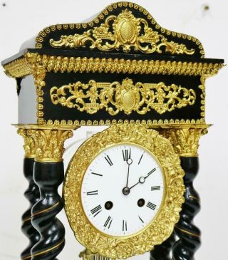 Rare Antique French 8 Day Elaborate Brass Mounted Ebonised Portico Mantel Clock 4