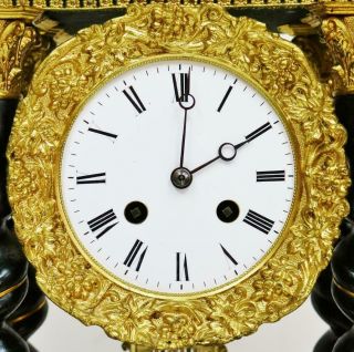 Rare Antique French 8 Day Elaborate Brass Mounted Ebonised Portico Mantel Clock 8