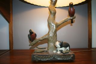 Antique Folk Art Bird Tree Lamp Primitive Old Cat Carving Paint Decoy 2