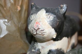 Antique Folk Art Bird Tree Lamp Primitive Old Cat Carving Paint Decoy 4