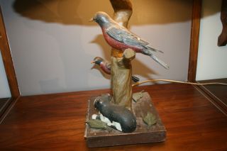 Antique Folk Art Bird Tree Lamp Primitive Old Cat Carving Paint Decoy 9