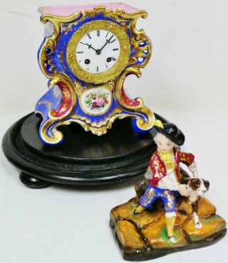 Antique French Empire 8 Day Hand Painted Porcelain Mantel Clock Under Glass Dome 10