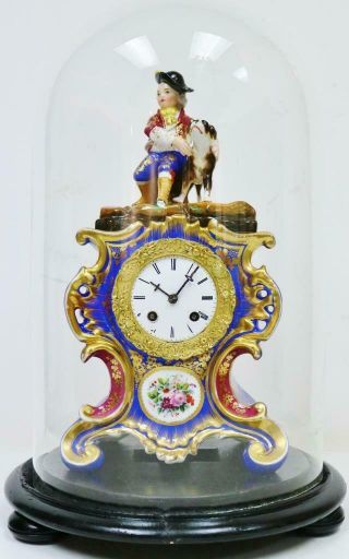 Antique French Empire 8 Day Hand Painted Porcelain Mantel Clock Under Glass Dome