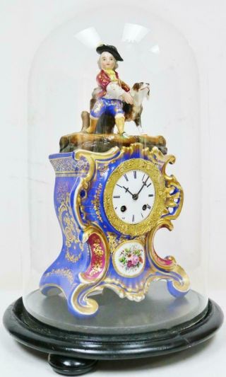 Antique French Empire 8 Day Hand Painted Porcelain Mantel Clock Under Glass Dome 2