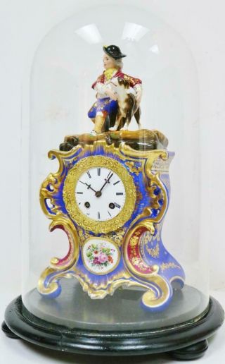 Antique French Empire 8 Day Hand Painted Porcelain Mantel Clock Under Glass Dome 3