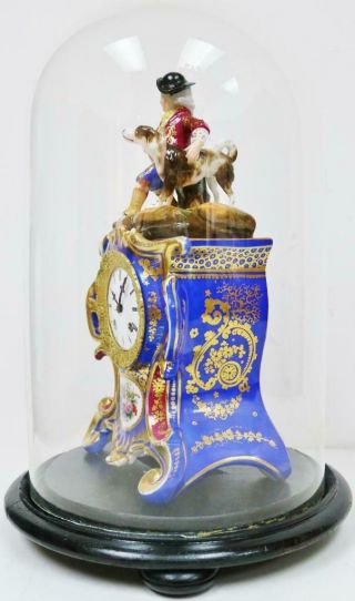 Antique French Empire 8 Day Hand Painted Porcelain Mantel Clock Under Glass Dome 4