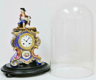 Antique French Empire 8 Day Hand Painted Porcelain Mantel Clock Under Glass Dome 5