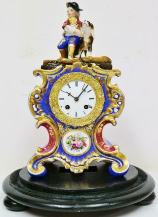 Antique French Empire 8 Day Hand Painted Porcelain Mantel Clock Under Glass Dome 6