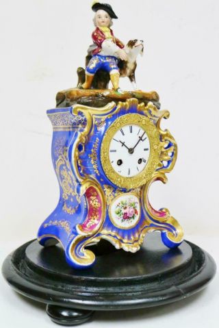 Antique French Empire 8 Day Hand Painted Porcelain Mantel Clock Under Glass Dome 8