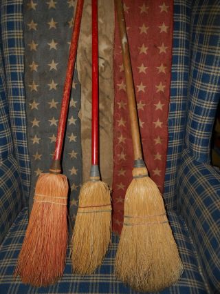 Primitive Early Childs Broom Set Old Straw And Red Paint.