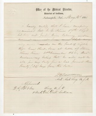 1863 Medical Report On Col Cyrus Hines Shot At Battle Of Stone River