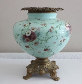 Huge 15 " Antique Handpainted Glass Gwtw Lamp Base W/ Ornate Cast Iron