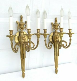 2 Vintage French Empire Neoclassical Brass 3 Light Wall Sconce Lamp Made Italy