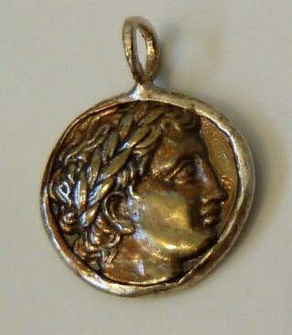 Ancient Greek Coin God Apollo & Lyre Musical Instrument Bronze Silver Pendant