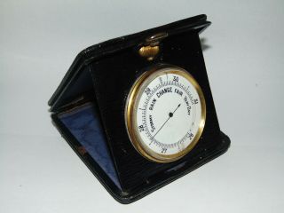 Stylish Antique Vintage Leather Cased Portable Travel Barometer With Enamel Dial