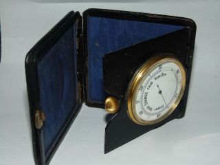 STYLISH ANTIQUE VINTAGE LEATHER CASED PORTABLE TRAVEL BAROMETER with ENAMEL DIAL 5